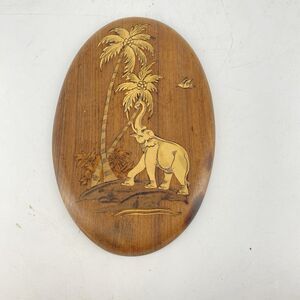 Indian Elephant Inlaid Marquetry Oval Wood Plaque Wall Hanging Picture Vintage